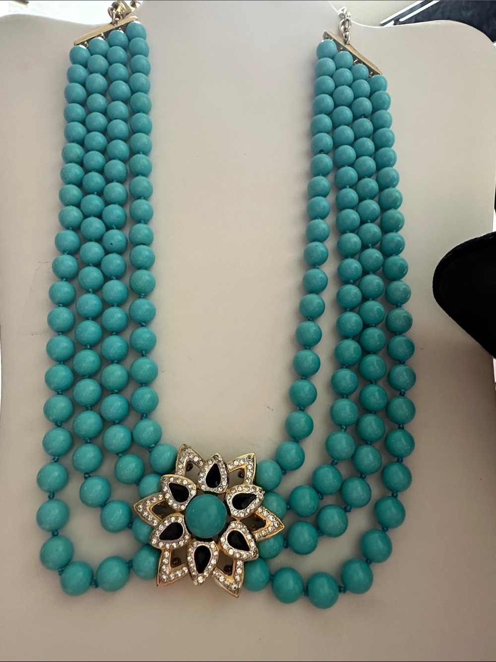 Turquoise Multi-Strand Beaded Necklace with Floral Crystal Accent - Picture 9 of 9